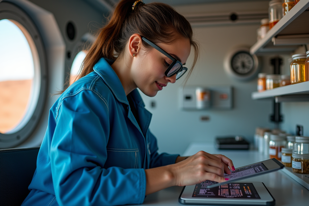 Femme scientifique dans habitat martien analysant des échantillons
