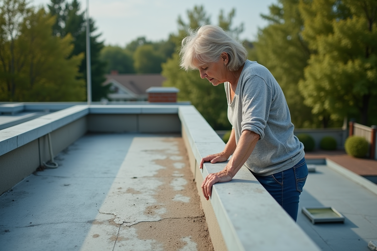 Femme observant la surface de son toit résidentiel