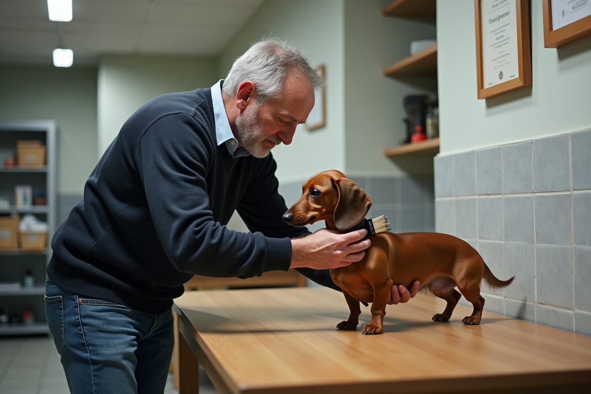 Eleveur danois soignant un teckel dans un centre professionnel