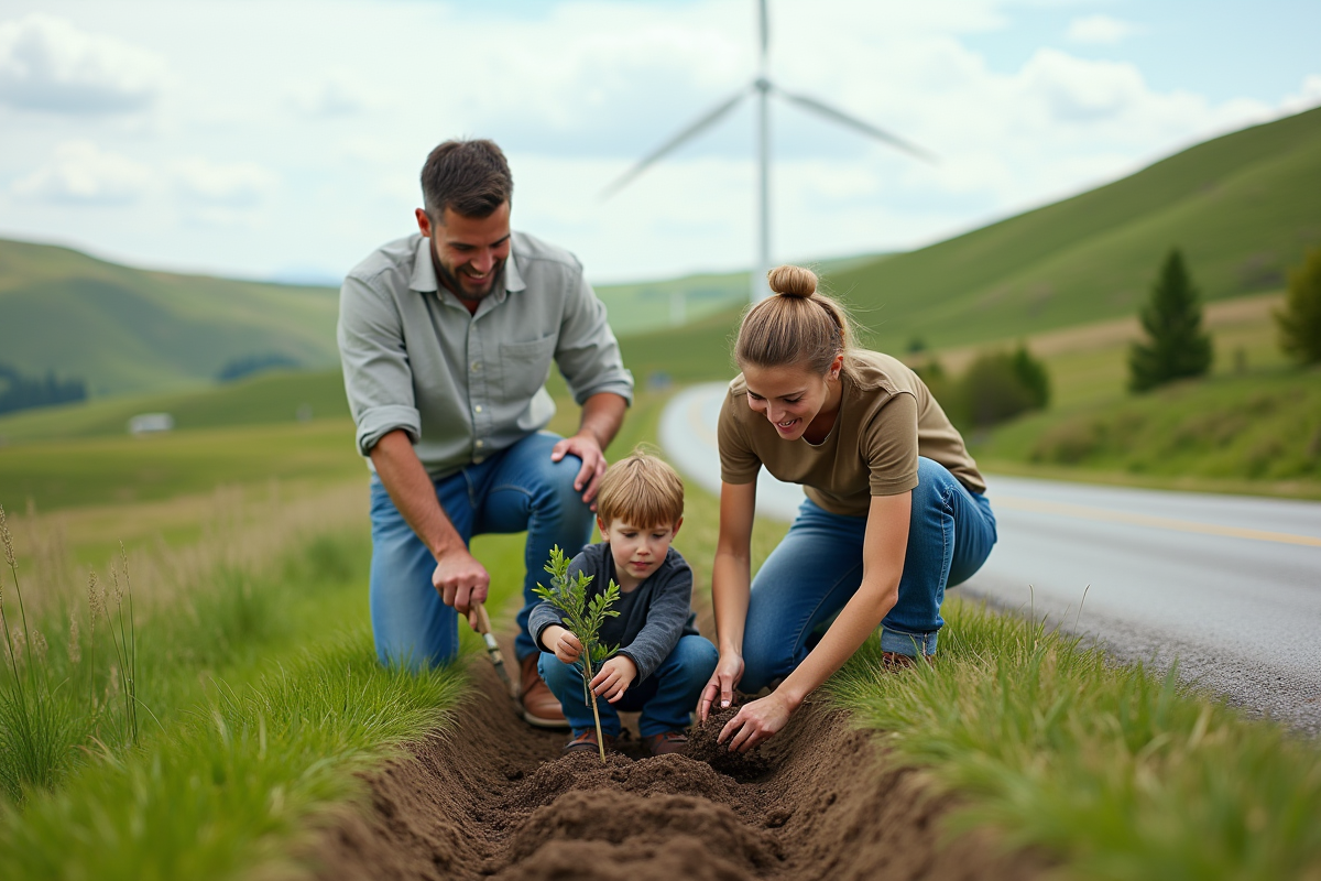 Famille plantant de jeunes arbres dans un paysage rural