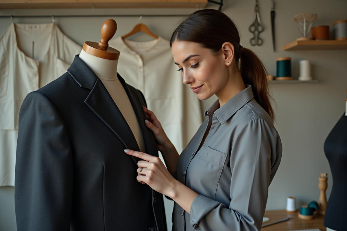 Jeune femme ajustant un costume sur mannequin
