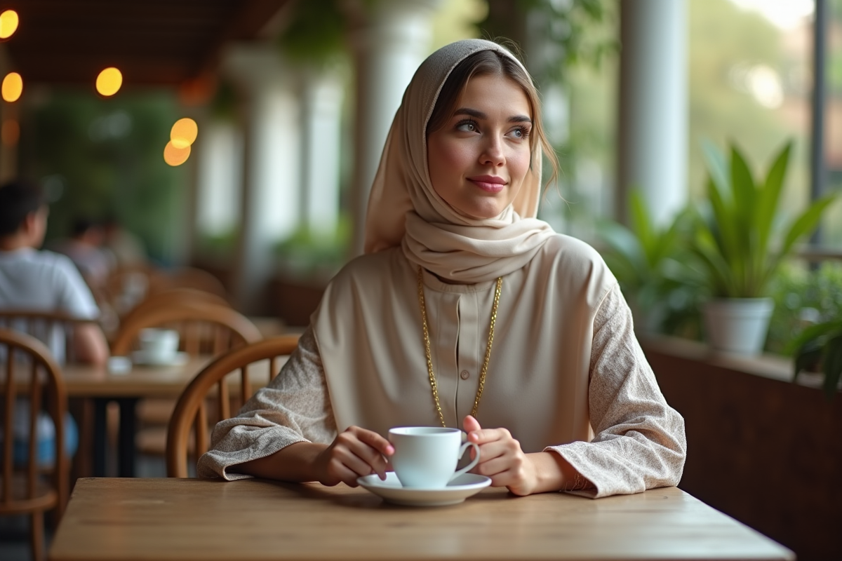 Jeune femme en abaya sirote un thé au café