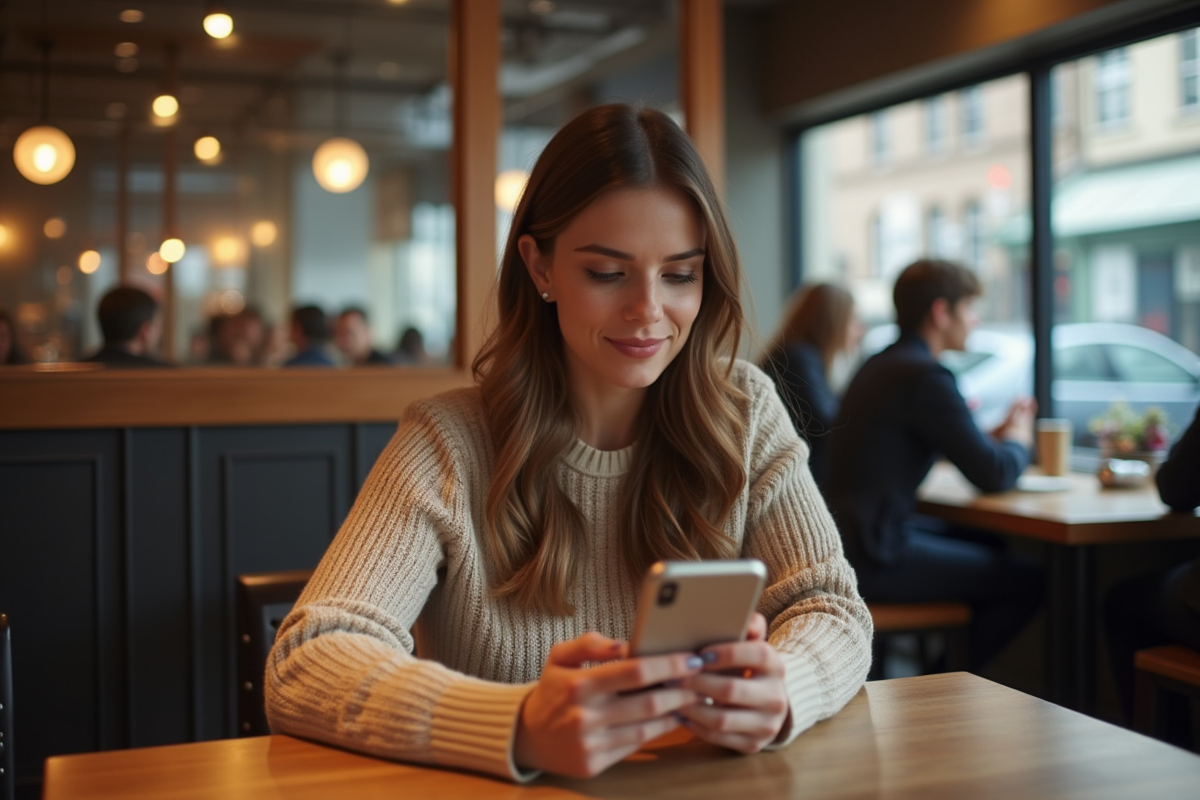 Jeune femme utilisant son smartphone au café
