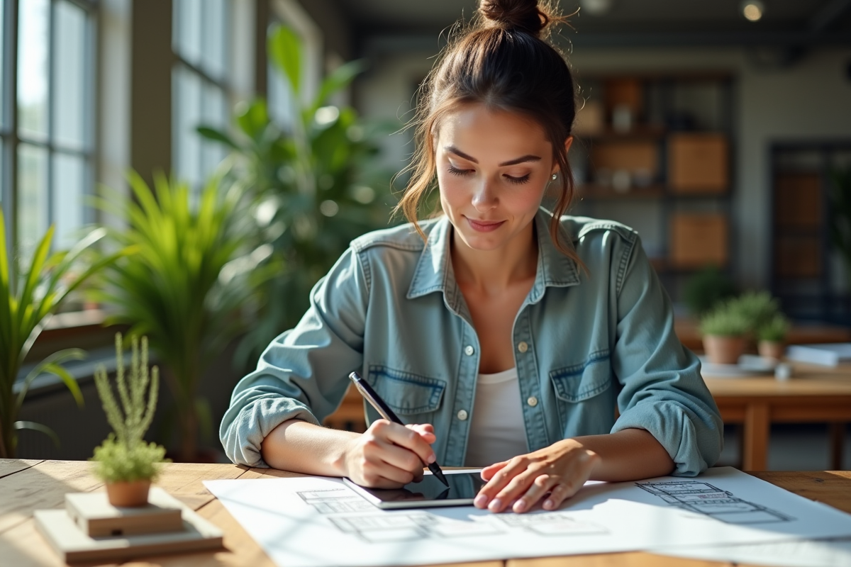 Femme dessinant dans un bureau avec maquette verticale