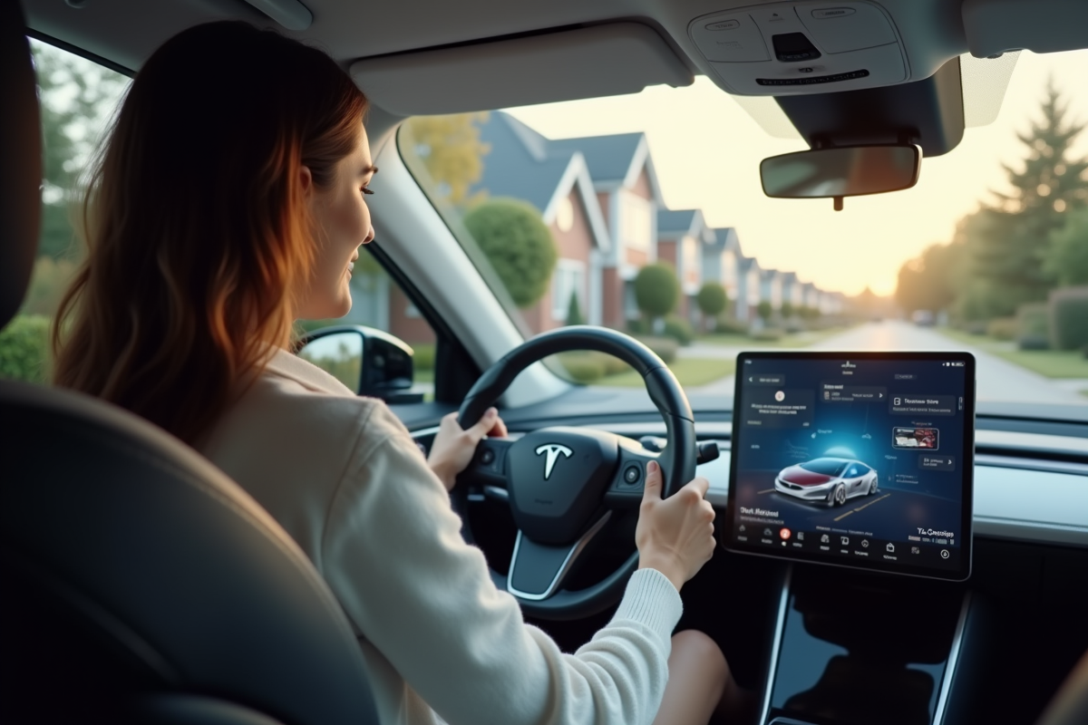 Femme souriante utilisant un écran tactile dans une voiture