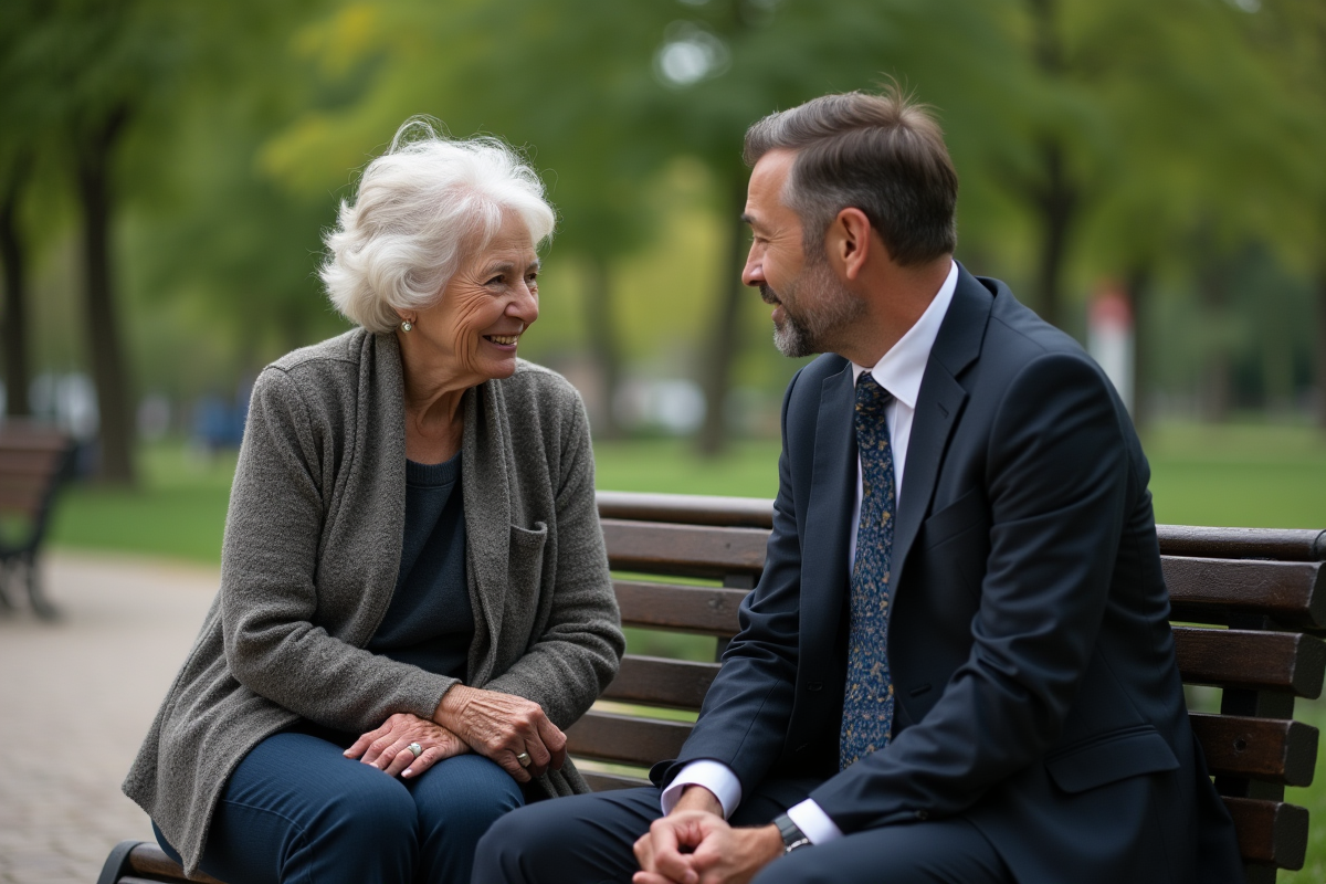 Femme âgée discutant avec un homme en costume dans un parc