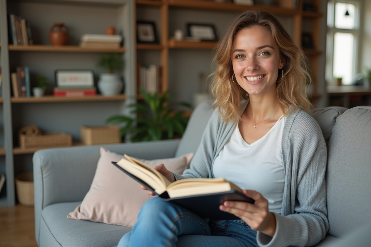 Jeune femme souriante avec dossier patrimoine chez elle