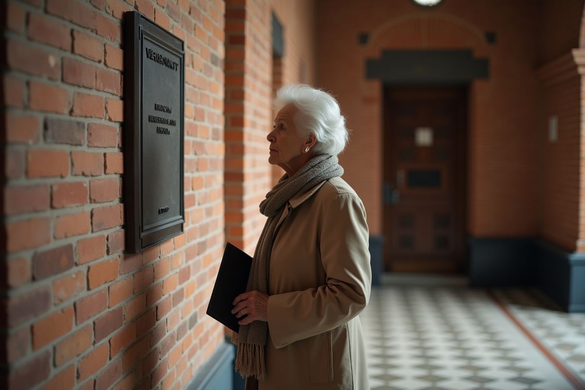 Femme âgée observant mur en briques dans hall d