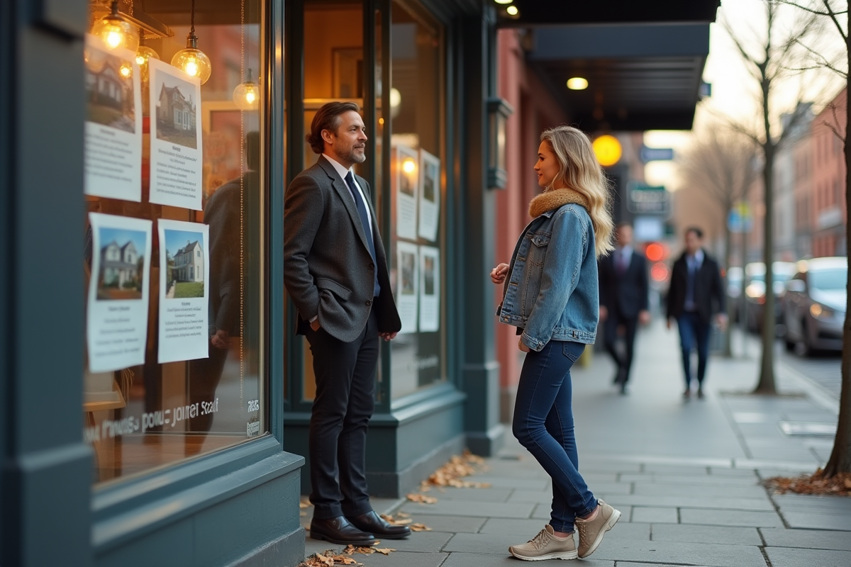 Jeune femme regardant des annonces immobilières dans la vitrine
