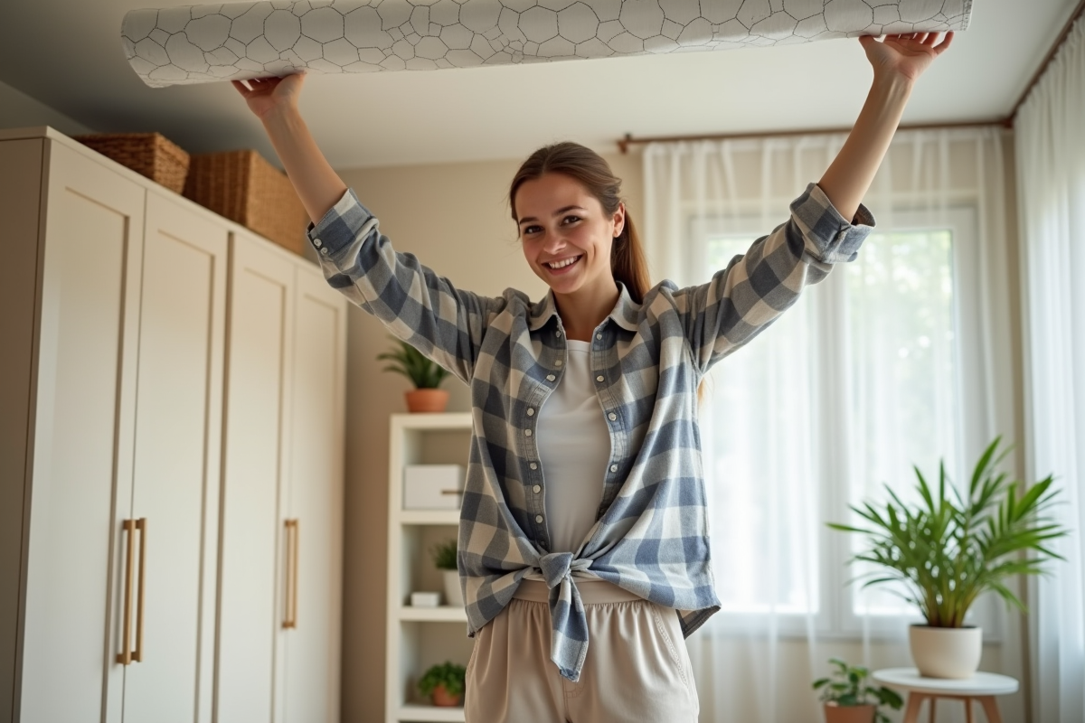 Jeune femme posant film isolant dans sa chambre lumineuse