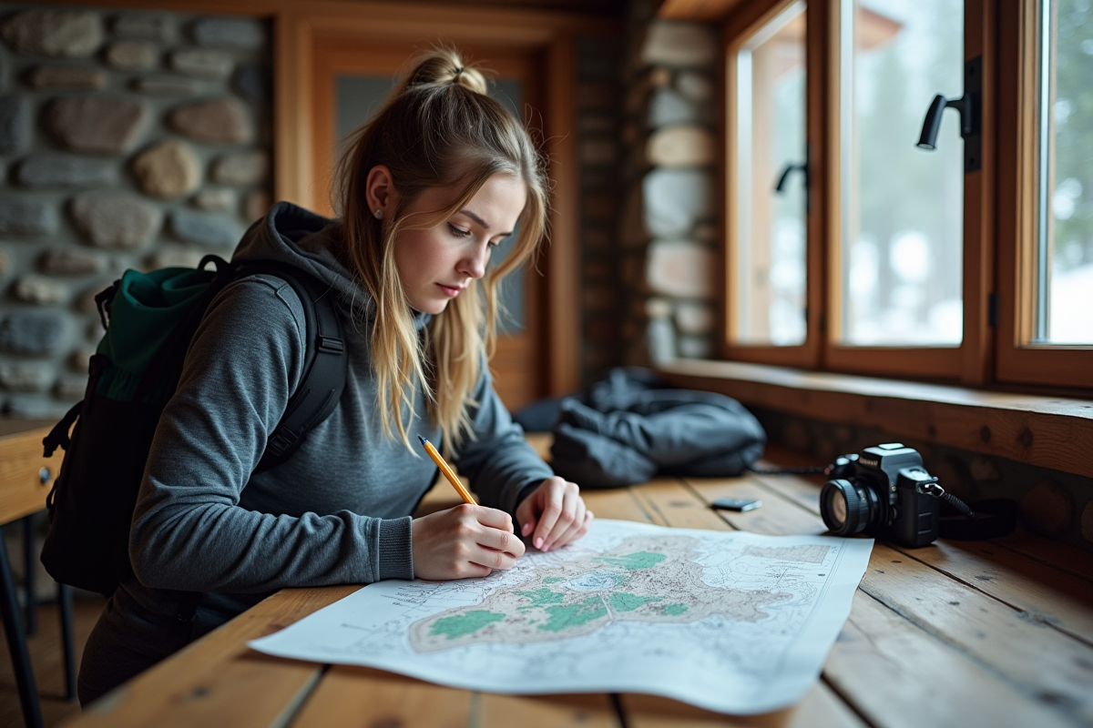 Jeune femme en refuge montagne annotant une carte topographique