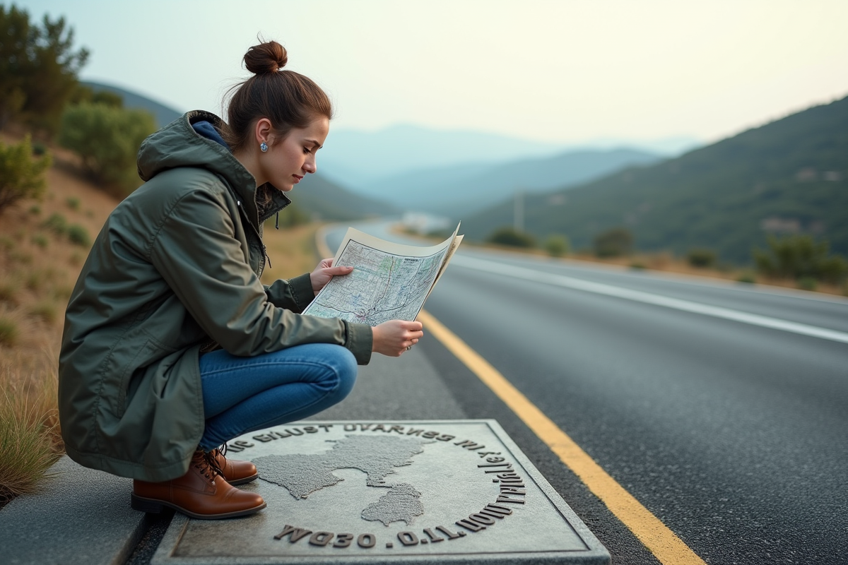 Jeune femme examinant une plaque sur la route coûteuse