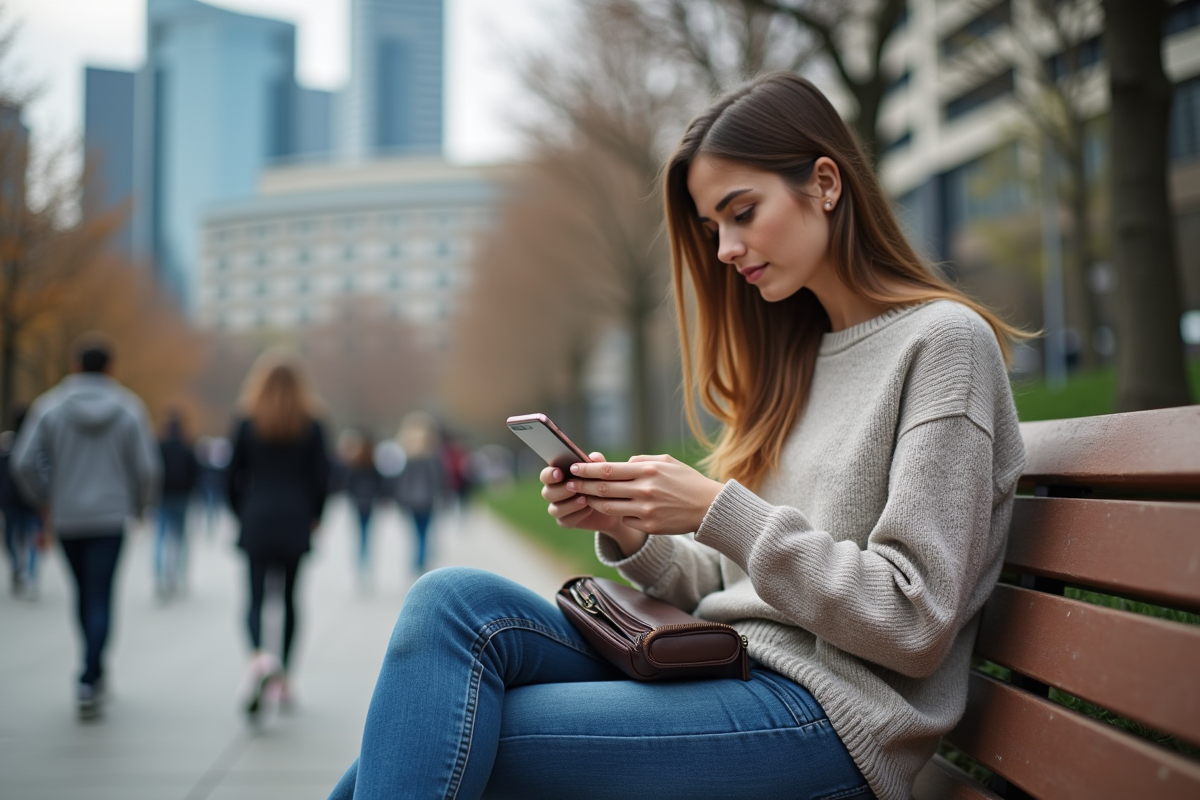Jeune femme regardant son smartphone dans un parc