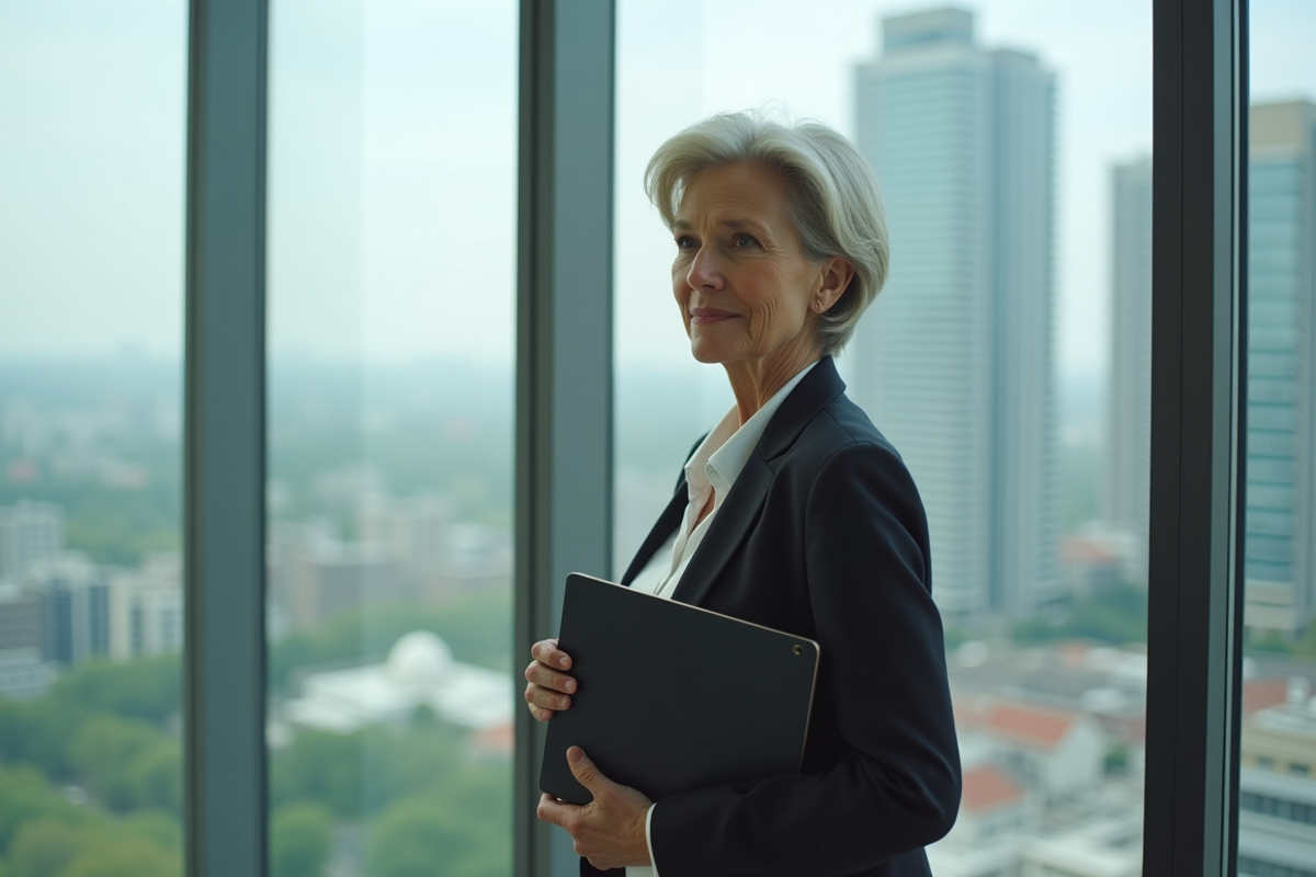 Femme d age regardant la ville par une grande fenêtre