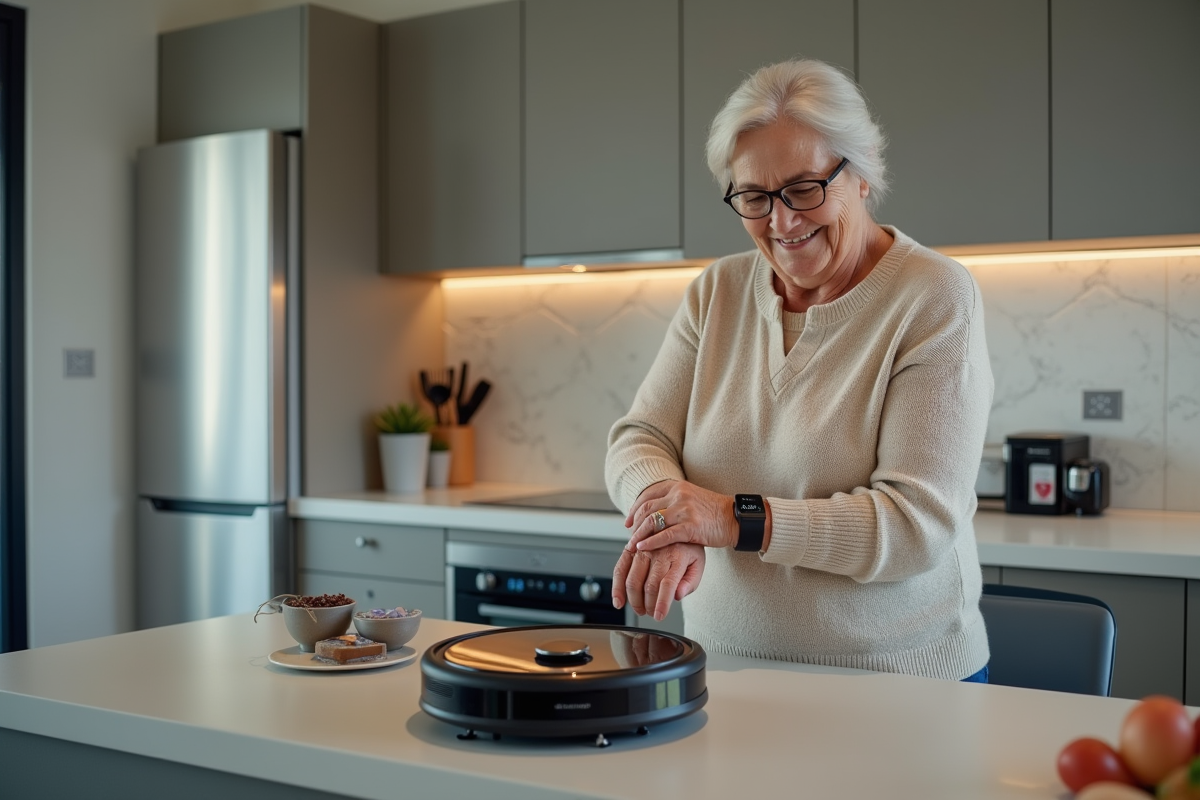 Femme âgée vérifiant un tracker de fitness dans la cuisine