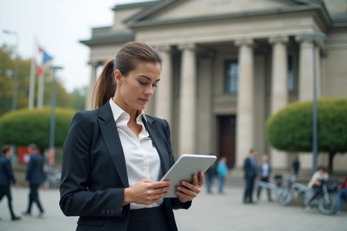Femme d affaires vérifiant des données financières devant une banque