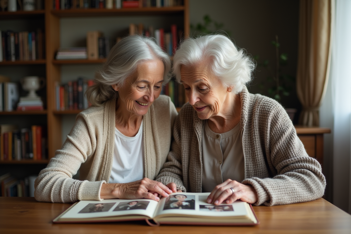 Grand-mère et petite-fille regardant un album photo vintage