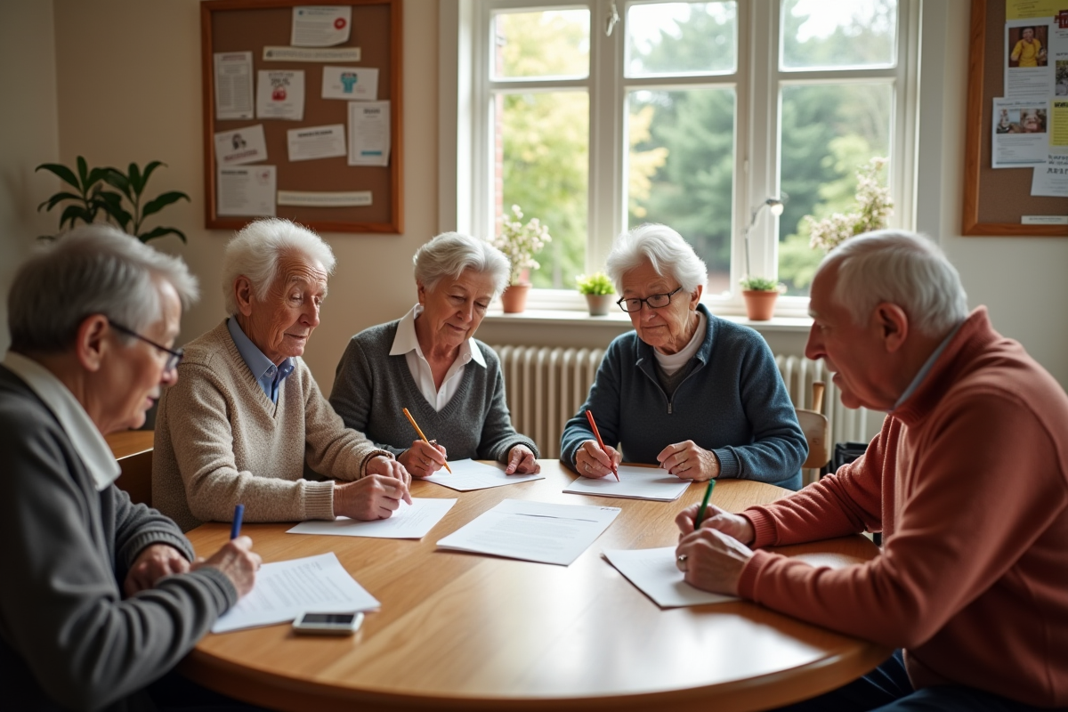 Cinq personnes âgées remplissent des formulaires dans un centre communautaire