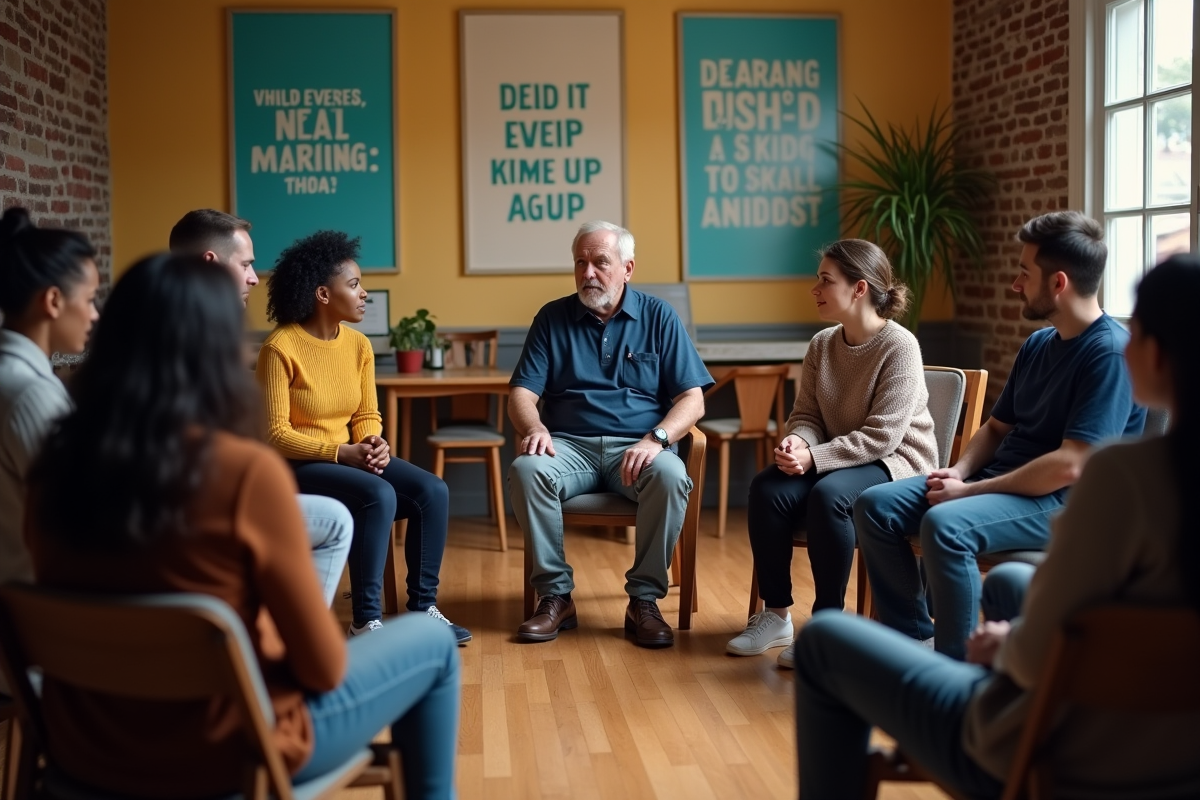 Groupe de soutien multietnique en cercle dans un centre communautaire