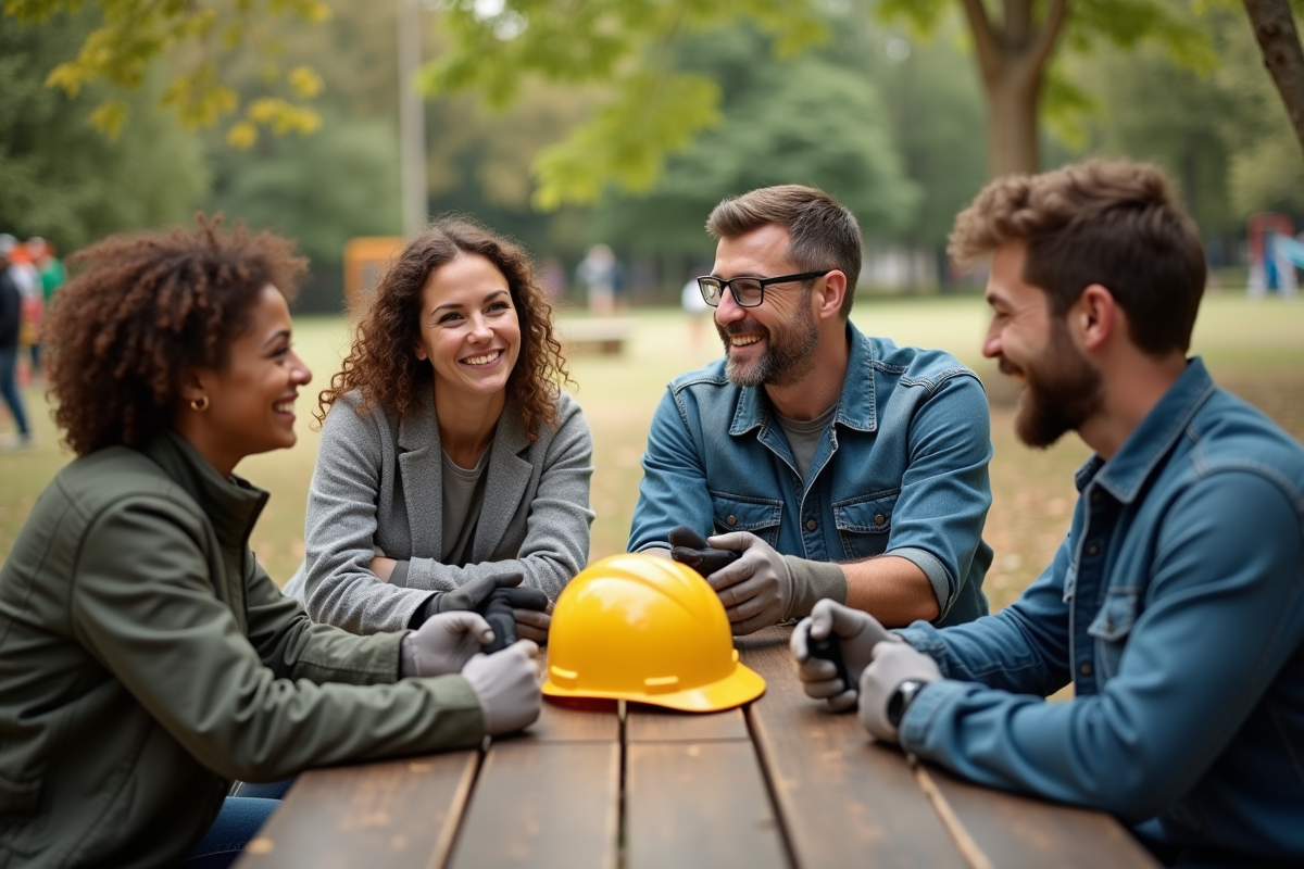 Groupe divers d adultes avec équipements de sécurité en plein air