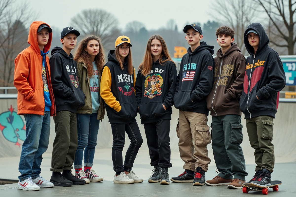 Groupe de jeunes en streetwear au skatepark