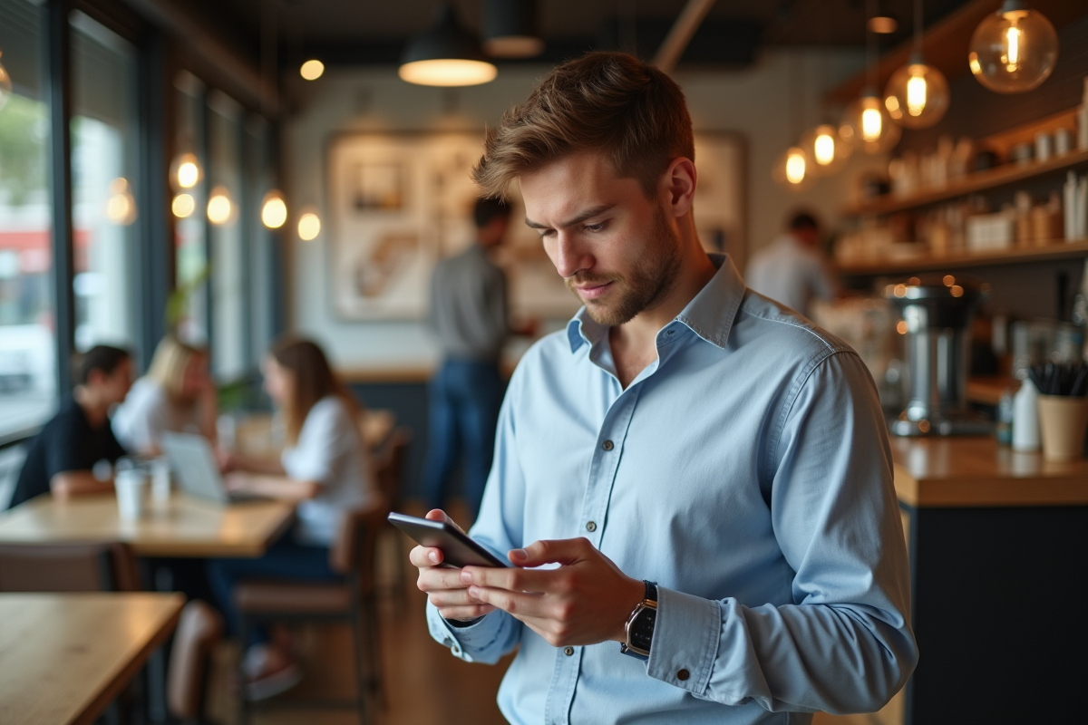 Homme explorant ChatGPT sur son smartphone dans un café animé