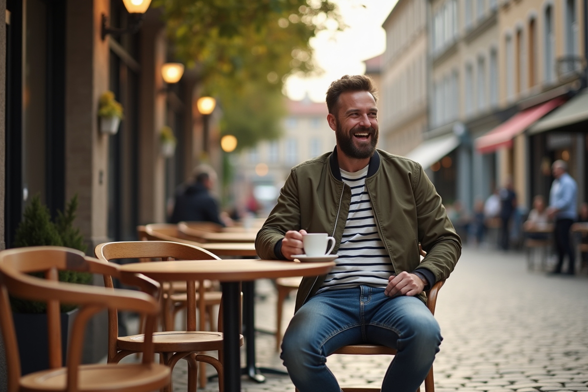 Homme barbu riant au café en plein air