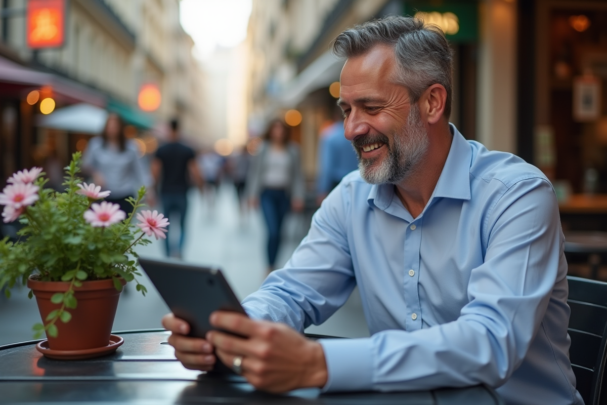 Homme au café utilise une tablette avec application de traduction