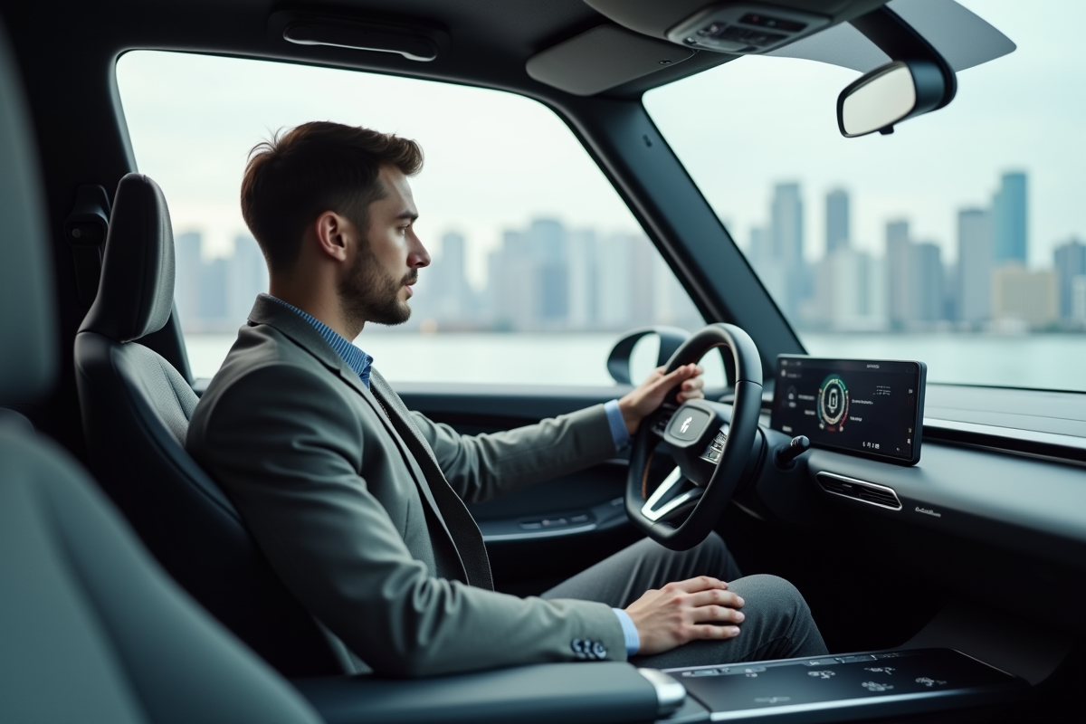 Homme en costume dans l’intérieur d’un concept car moderne