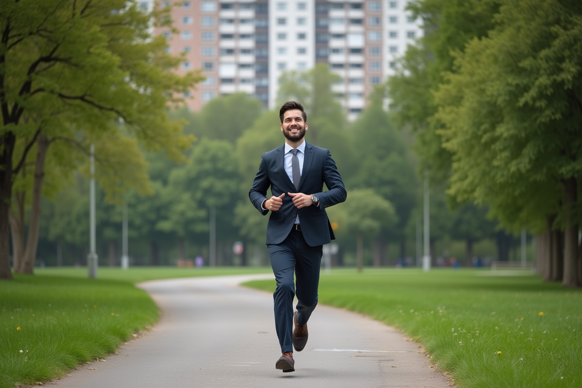 Jeune homme courant dans un parc urbain verdoyant