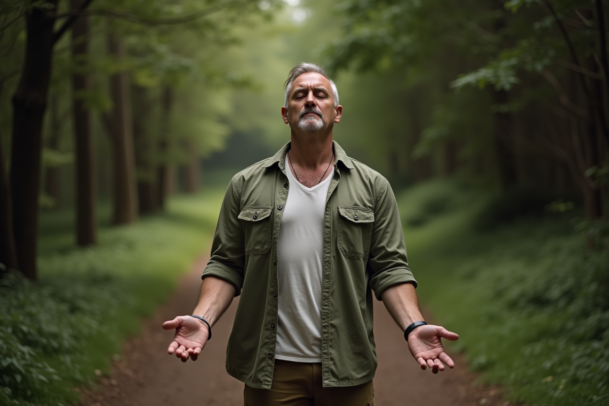 Homme méditant dans la forêt en pleine nature