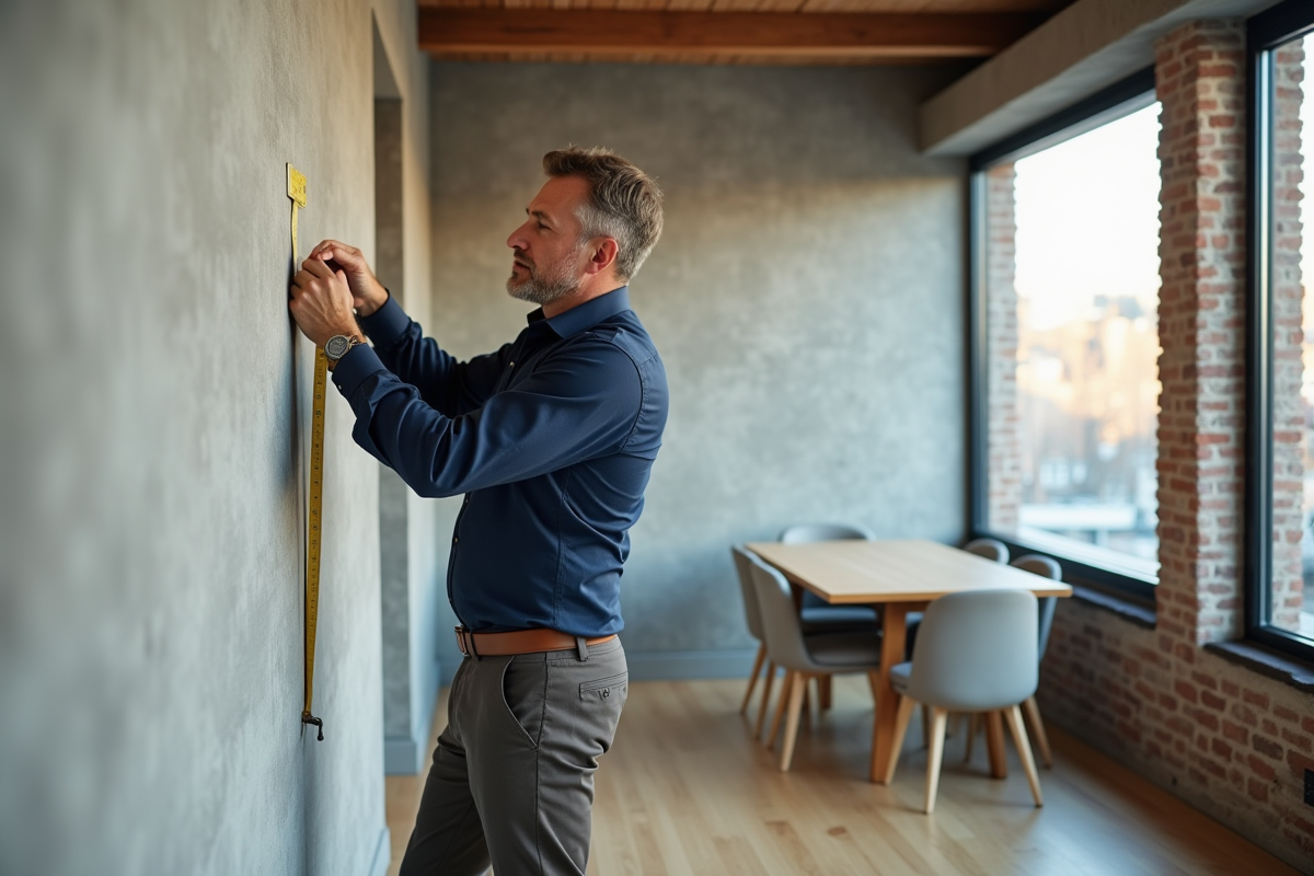 Homme mesurant un mur pour décoration dans une salle à manger