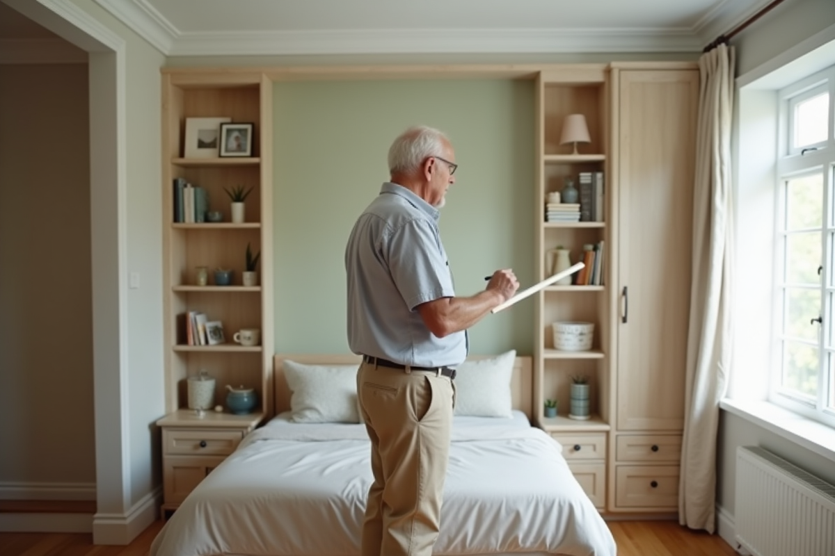 Homme âgé peignant un mur dans une chambre chaleureuse