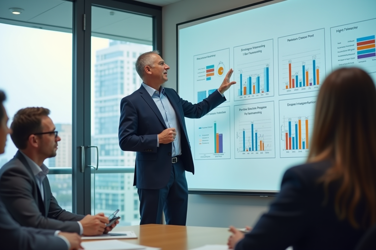 Homme en costume expliquant graphiques en réunion