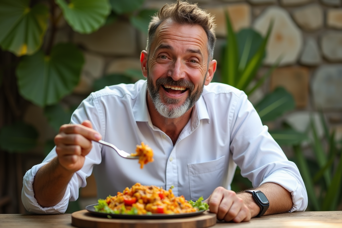 Homme souriant dégustant un curry épicé en extérieur