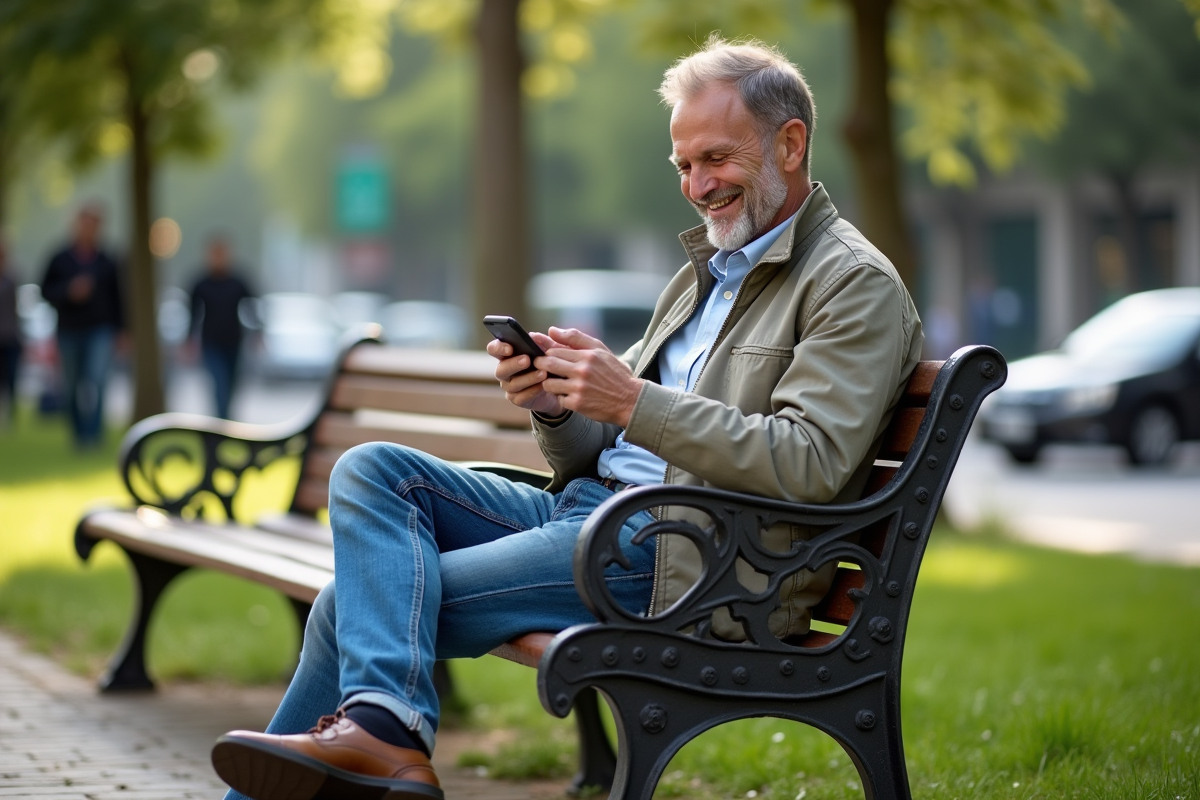Homme souriant utilisant son smartphone dans un parc urbain