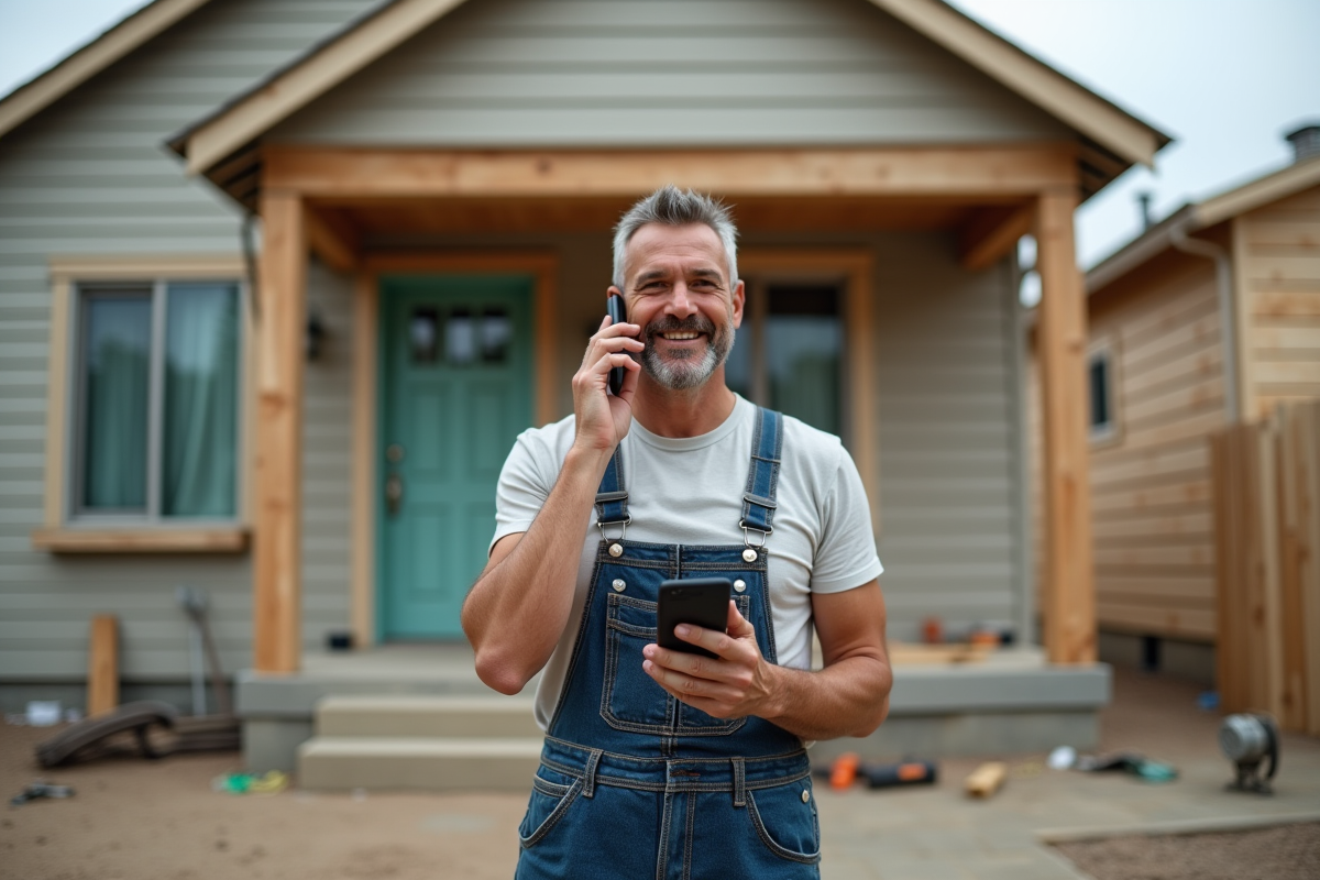 Homme en travaux de rénovation devant une maison en construction
