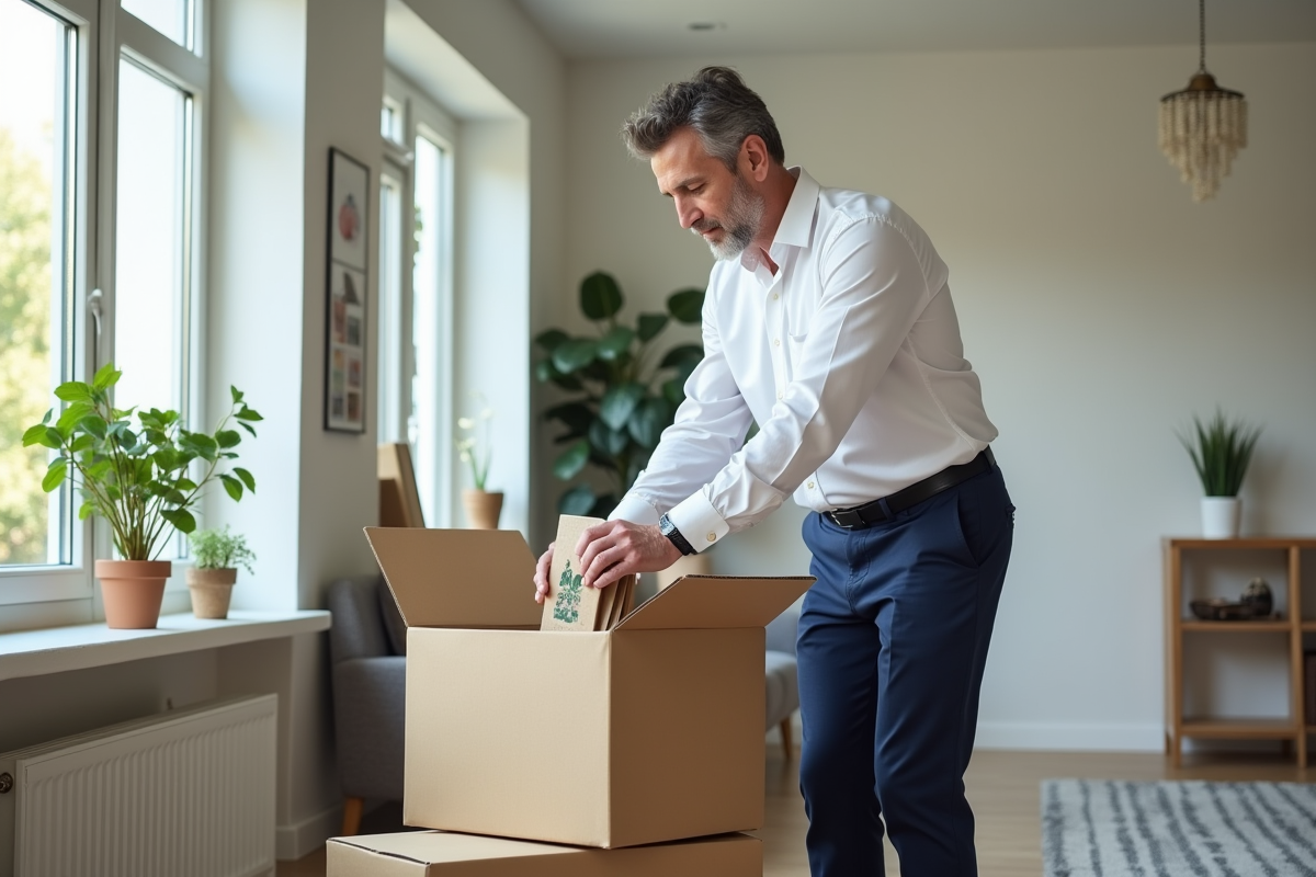 Homme en chemise blanche plaçant un objet dans une boîte de dons