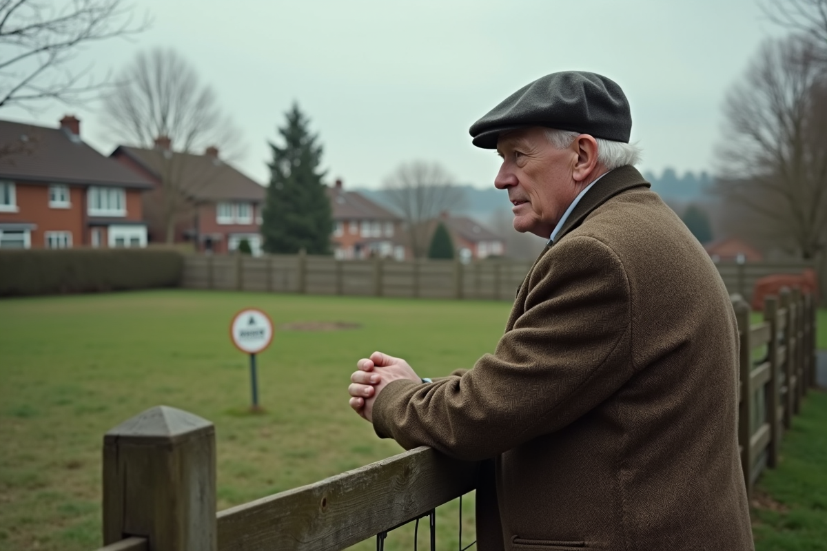 Homme age regardant un terrain vacant en banlieue