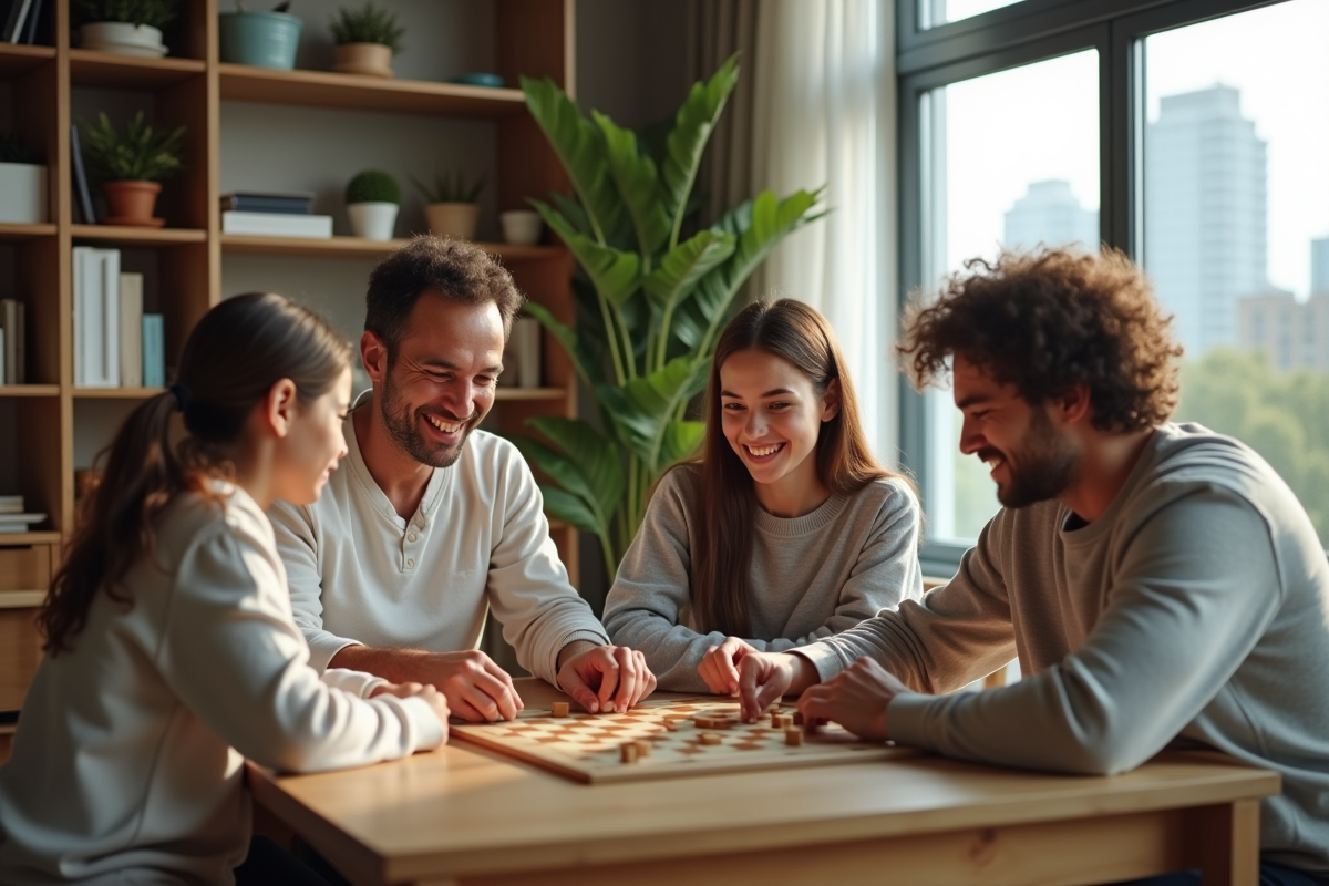 Famille jouant à un jeu de société dans un salon lumineux