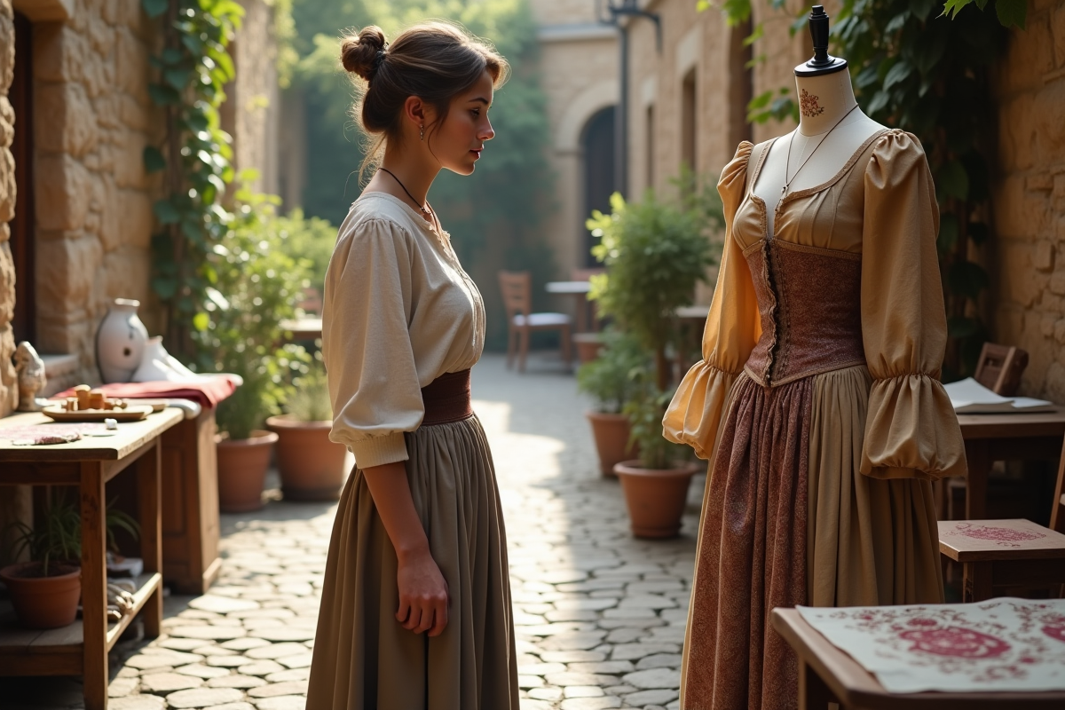 Jeune apprentie en cour de couture dans une cour pavée