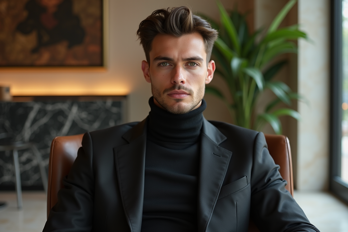 Jeune homme célébrité en costume minimaliste en intérieur