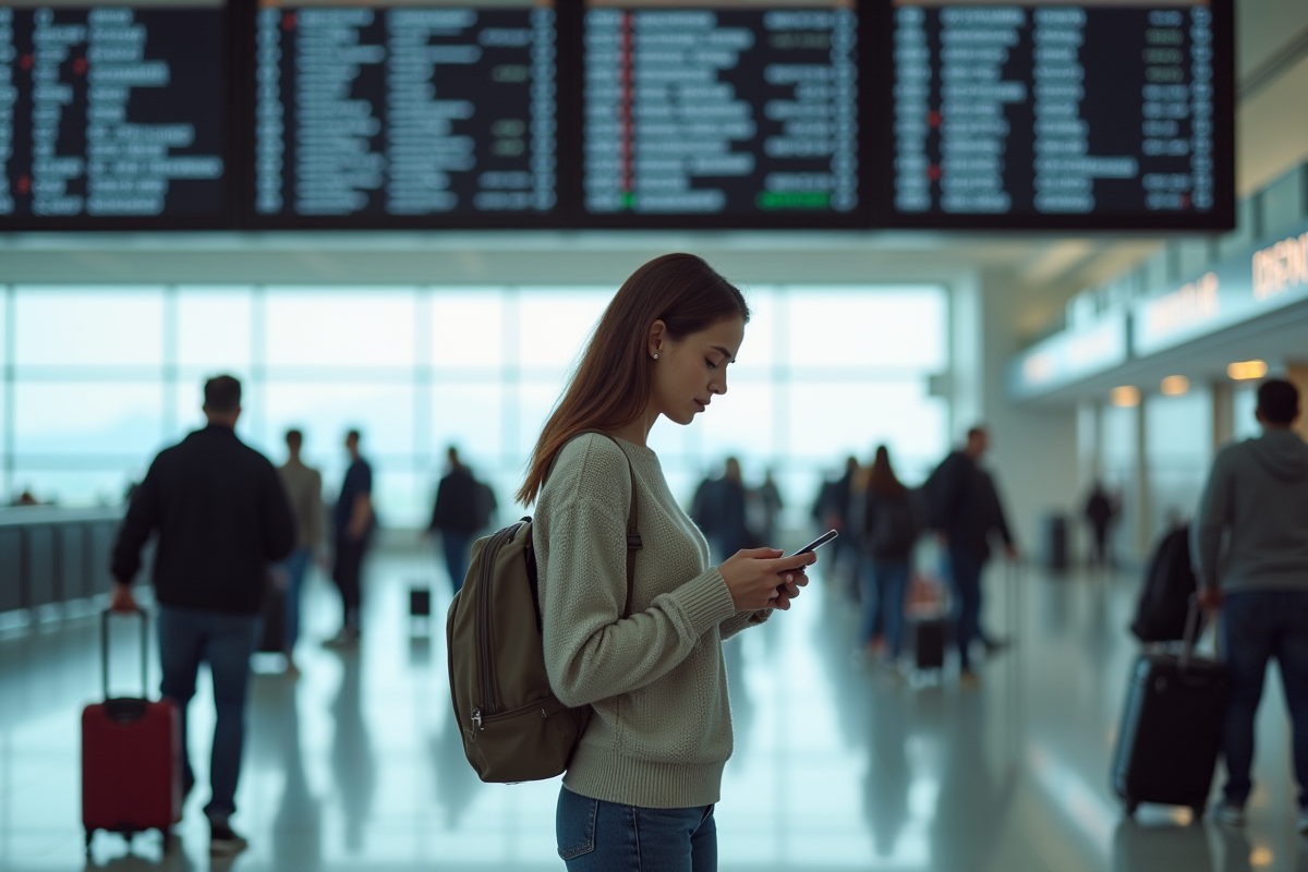 Jeune femme vérifiant son téléphone devant un panneau d