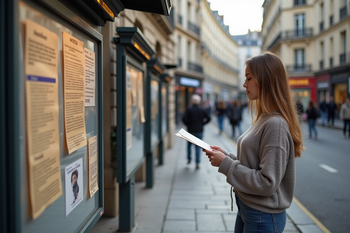 Jeune femme lisant une affiche sur une rue parisienne
