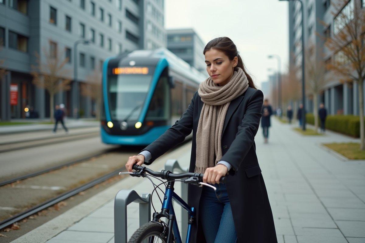 Jeune femme déverrouillant sa bicyclette devant un tram en ville