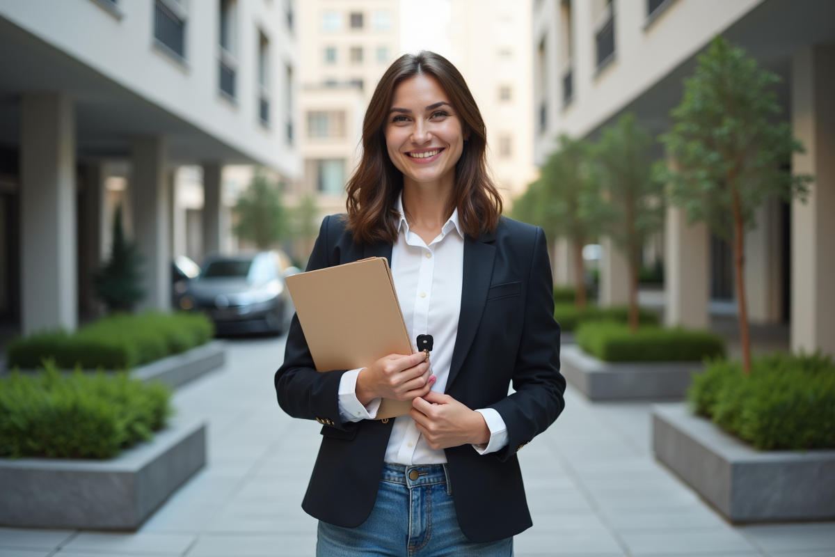 Jeune femme souriante avec clés devant immeuble moderne