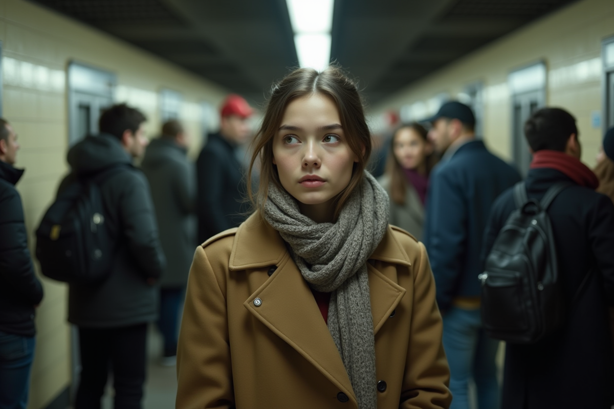 Jeune femme dans le métro regardant au loin avec fatigue naturelle