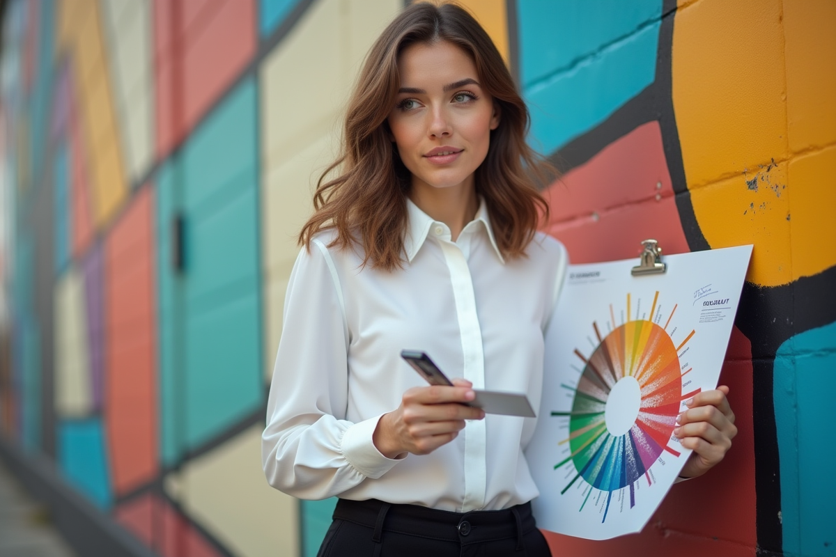 Jeune femme avec roue des couleurs devant un mur urbain