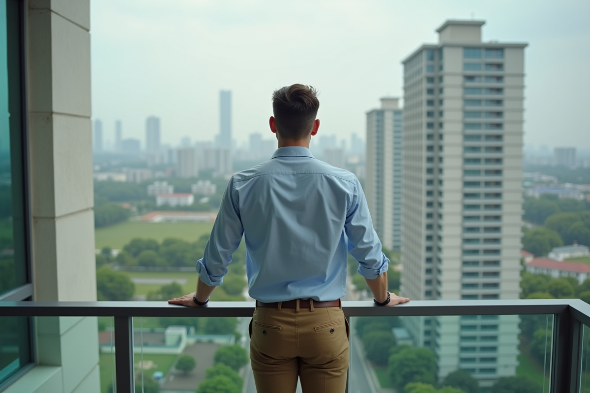 Jeune homme regardant la ville depuis un balcon d