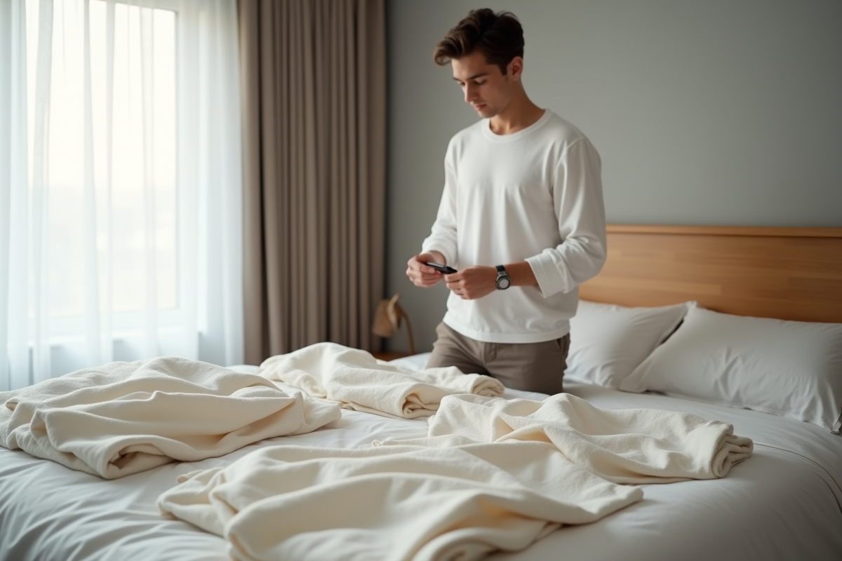 Jeune homme examine des chemises en lin et bambou dans sa chambre